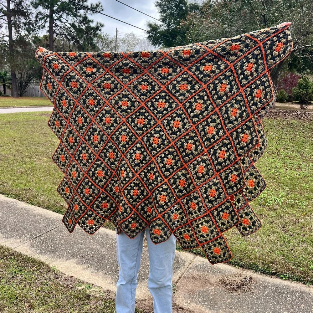 Vintage Crochet Granny Square Afghan Blanket Fall Colors 74x45.5